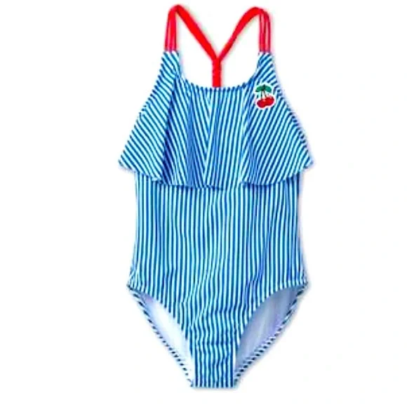 Girls Blue and White Striped Swimsuit - Picture 1 of 5